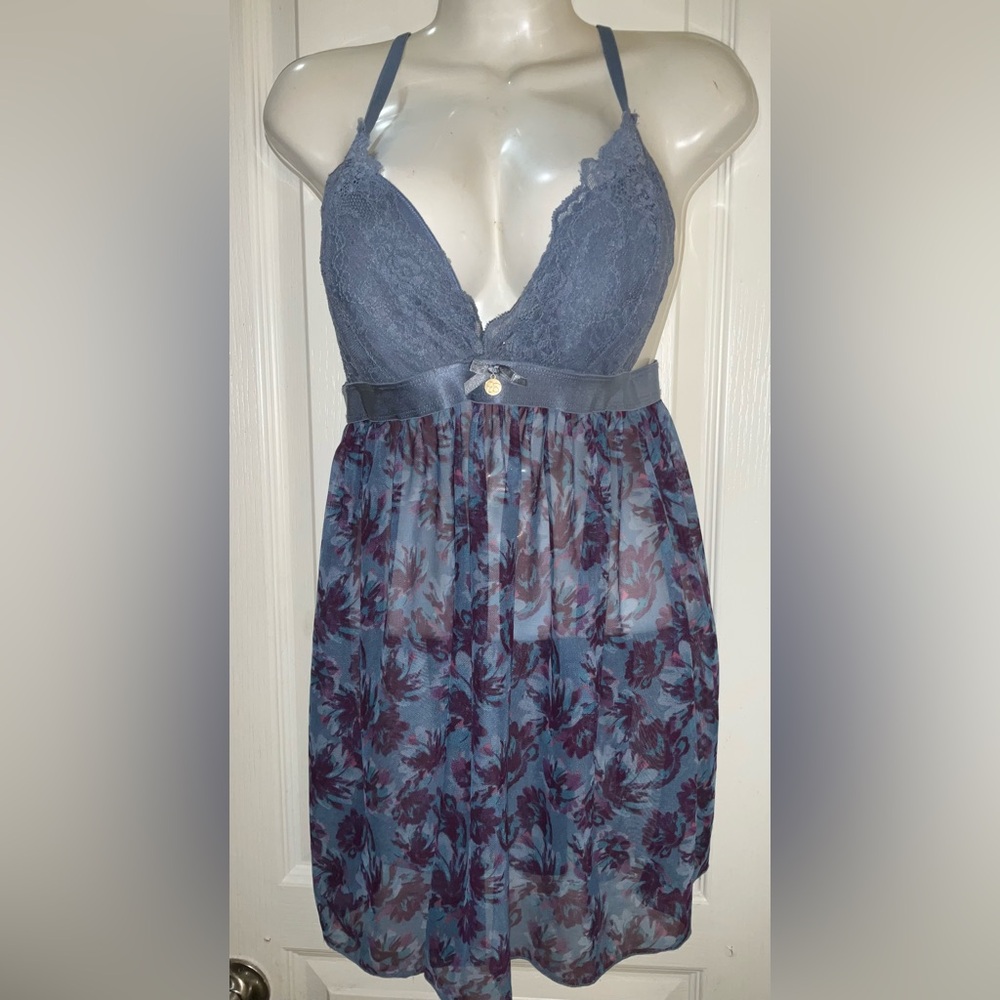 Floral Lace Babydoll Nightgown - Blue and Purple